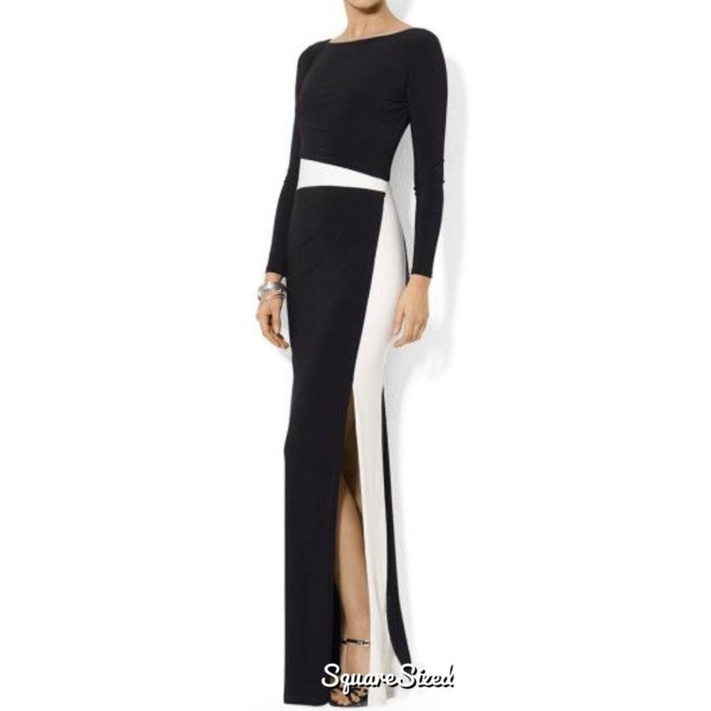 NWT Ralph Lauren Black White High Slit Formal Gown